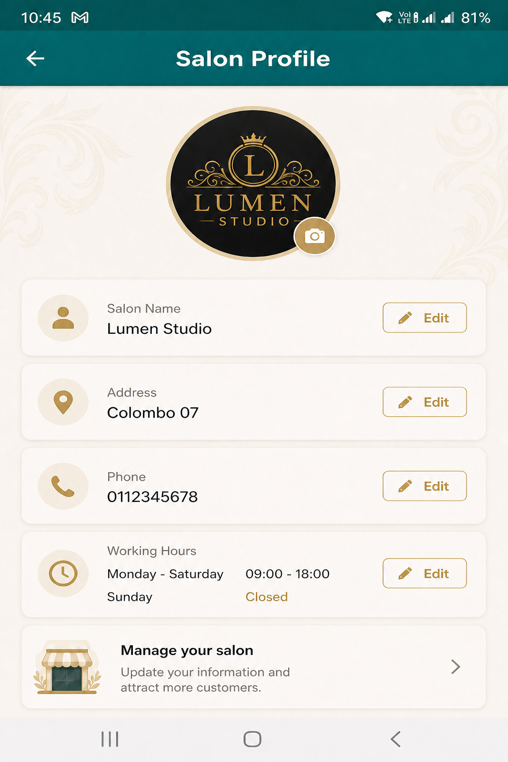 Salon profile & settings in the owner app