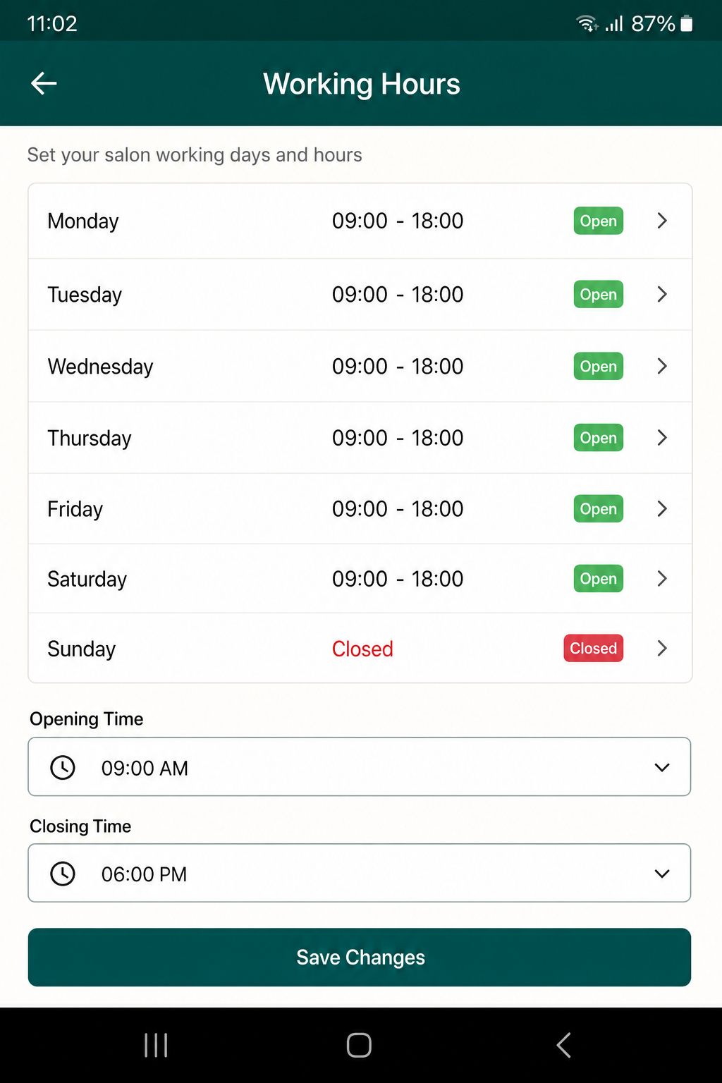 Working hours in the owner app