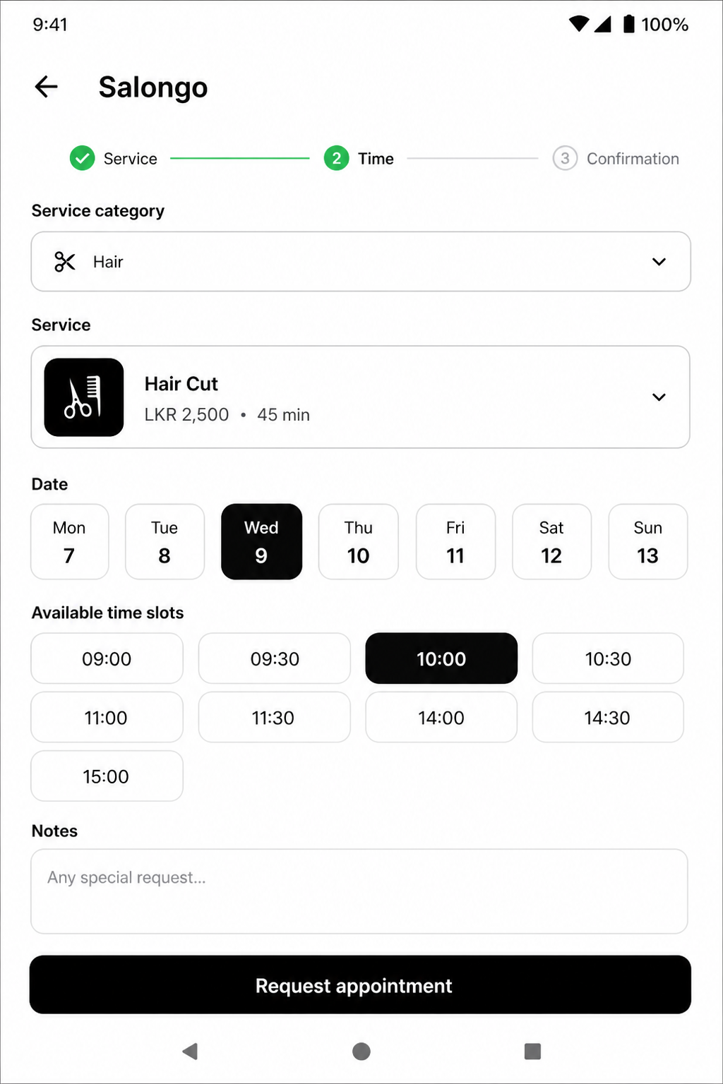 Book a slot in the Salongo customer app