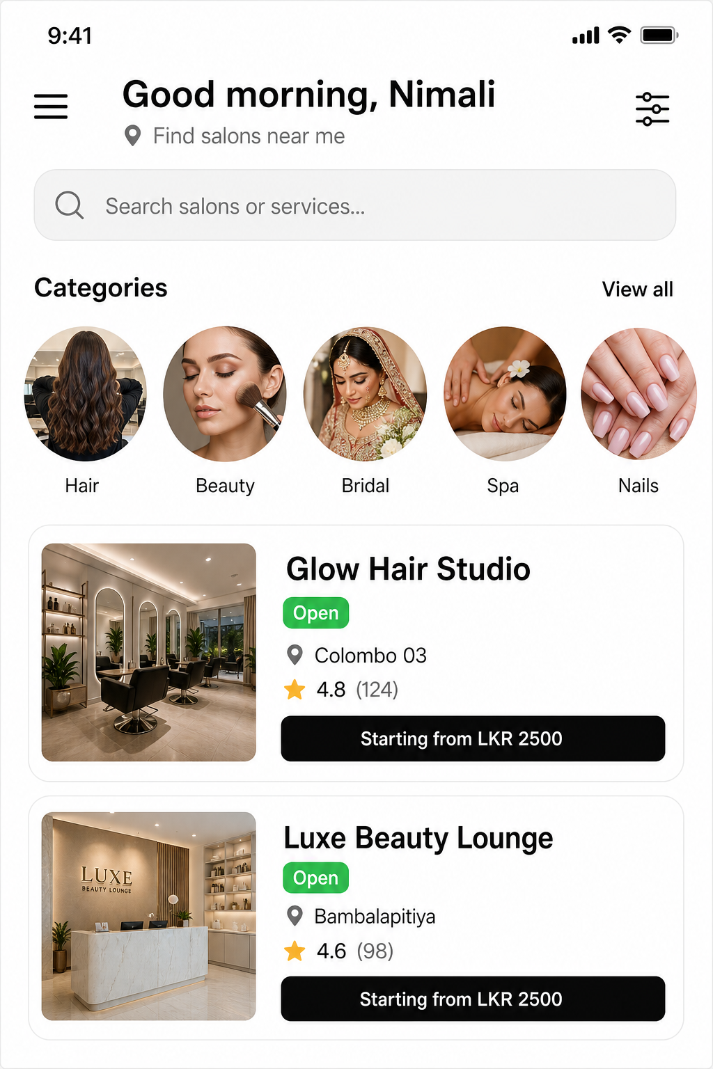 Find salons in the Salongo customer app