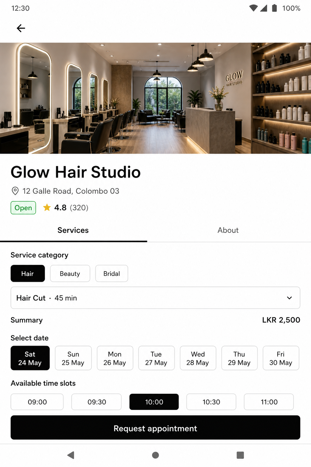 Your salon page in the Salongo customer app