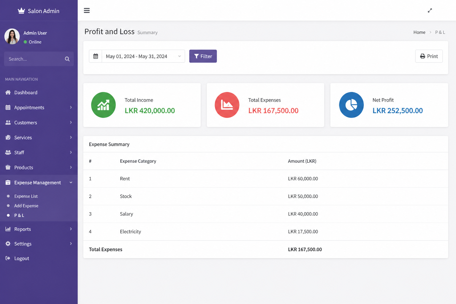 Expenses & P&L on the web portal