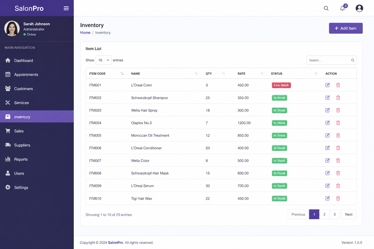 Inventory on the web portal