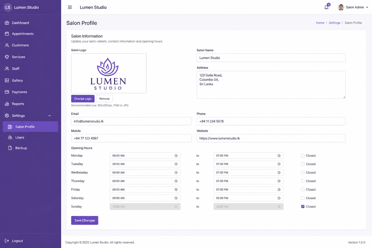 Salon profile & settings on the web portal