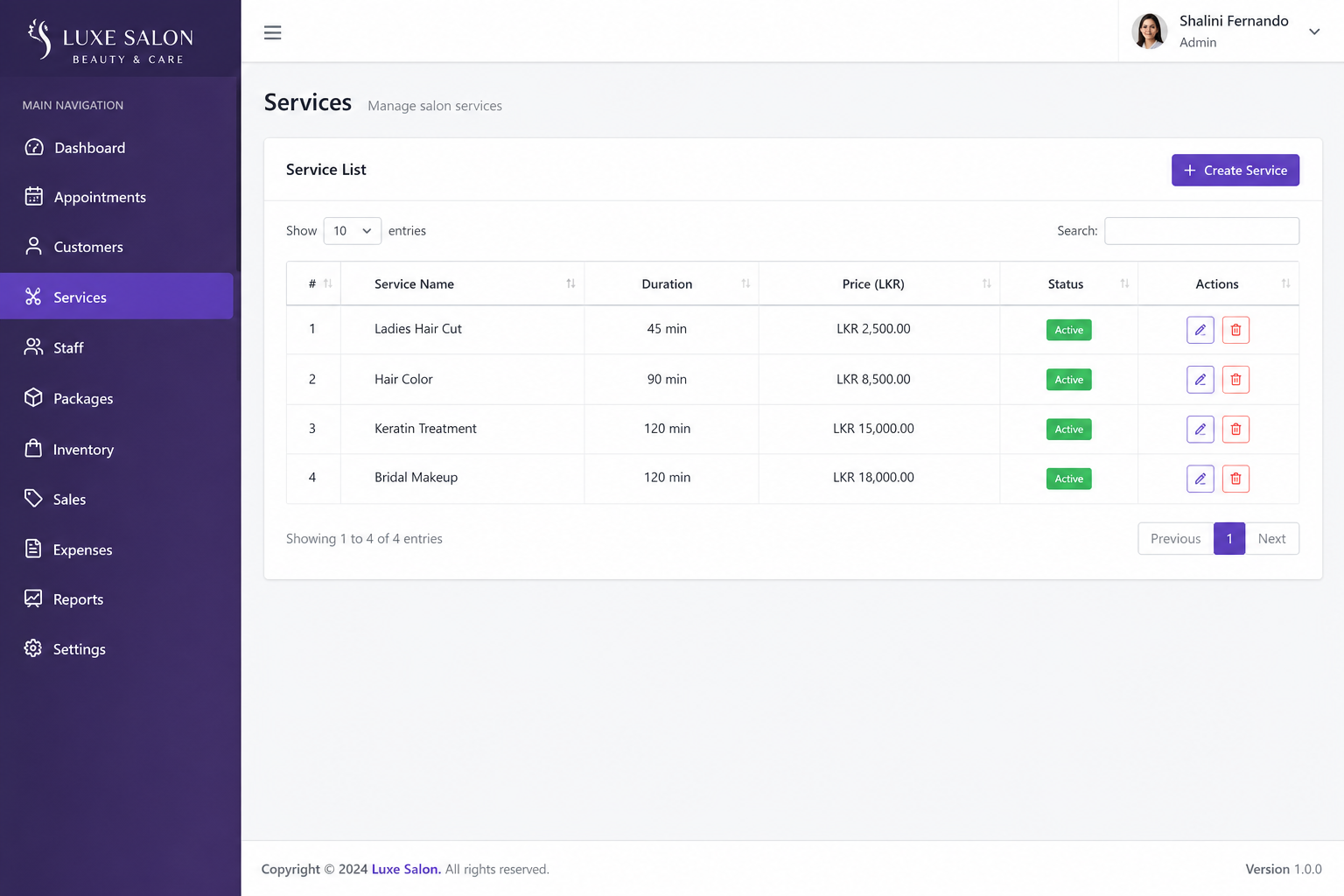 Services & prices on the web portal