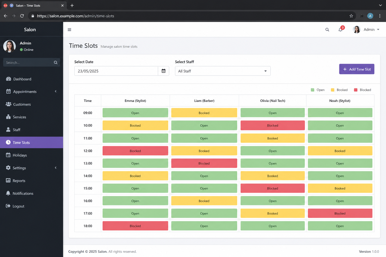 Time slots on the web portal