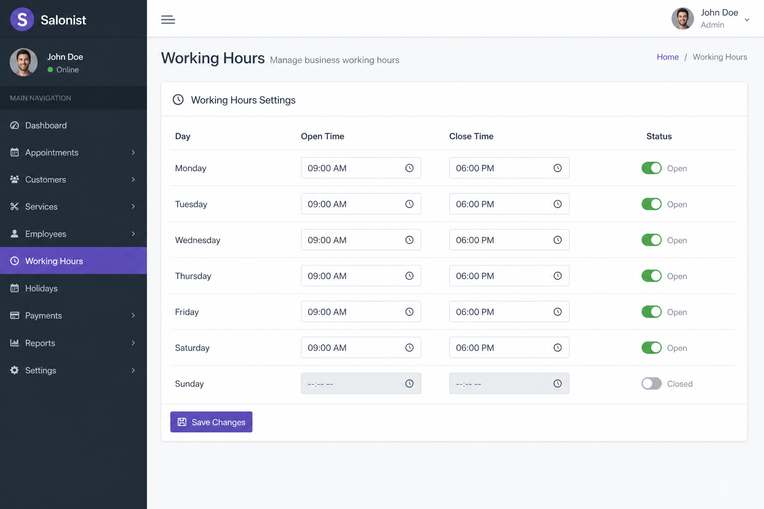 Working hours on the web portal